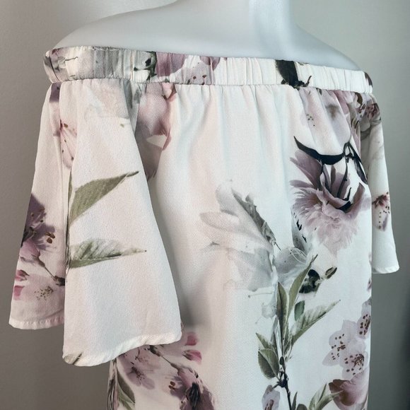 Lulus Shift Dress Small Ivory Floral Off-the-Shoulder Short Sleeve Women's - Picture 5 of 14